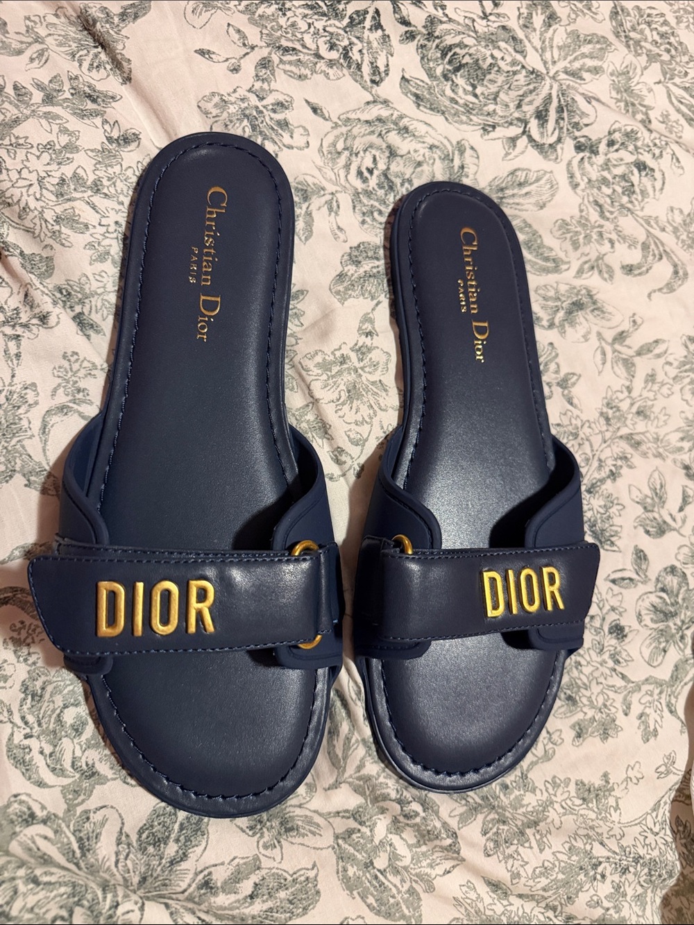 Dior Navy Slide Sandals with Gold DIOR Logo